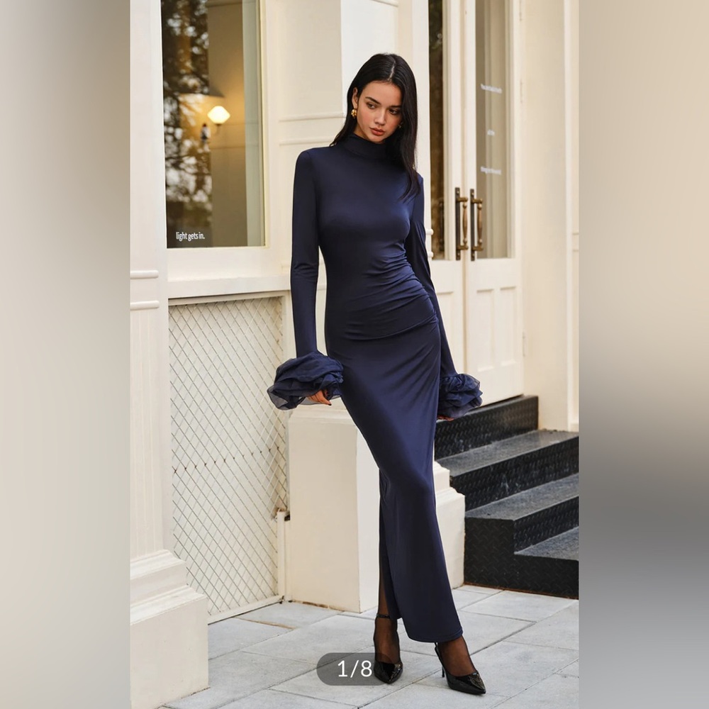 NWT Commense Elegant Ruffle Split Jersey Long Dre… - image 1